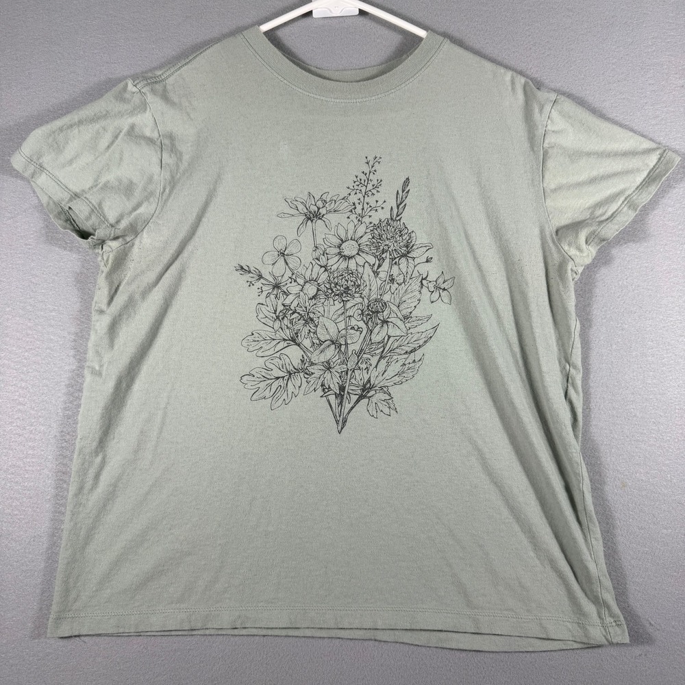 Doe Womens Sage Green Wildflower Graphic Cotton T-Shirt Large